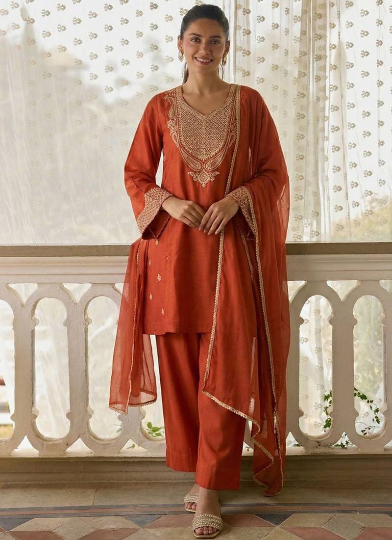 Dark-orange embroidered cotton silk salwar suit