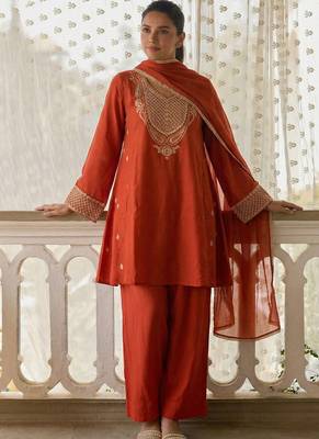 women's dark orange embroidered cotton silk salwar suit set 2