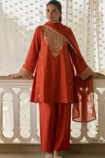 women's dark orange embroidered cotton silk salwar suit set