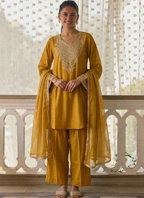 women's dark yellow embroidered cotton silk salwar suit set 1