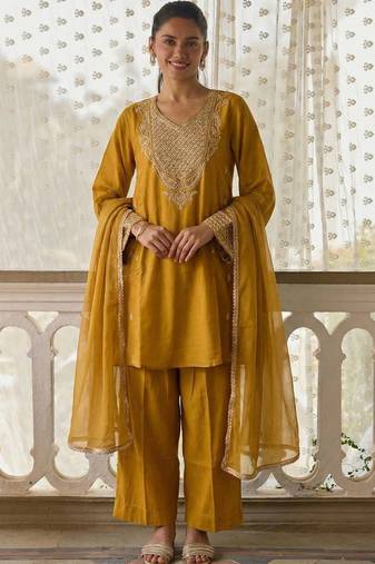 Dark-yellow embroidered cotton silk salwar suit