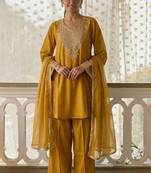 women's dark yellow embroidered cotton silk salwar suit set