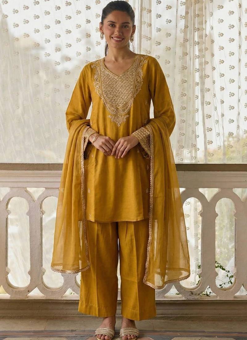 Dark-yellow embroidered cotton silk salwar suit