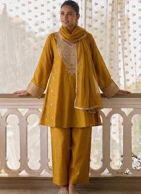women's dark yellow embroidered cotton silk salwar suit set 2