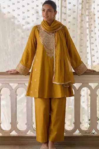women's dark yellow embroidered cotton silk salwar suit set