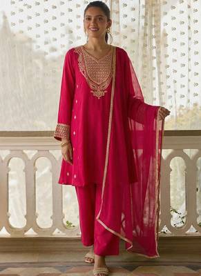 women's dark pink embroidered cotton silk salwar suit set 1