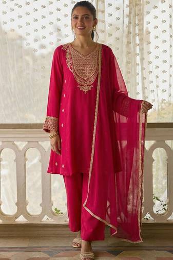 Dark-pink embroidered cotton silk salwar suit