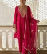 women's dark pink embroidered cotton silk salwar suit set
