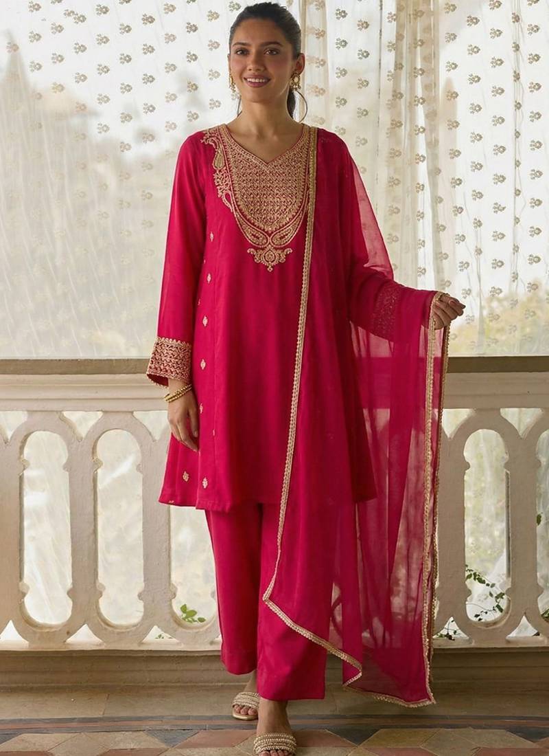 Dark-pink embroidered cotton silk salwar suit