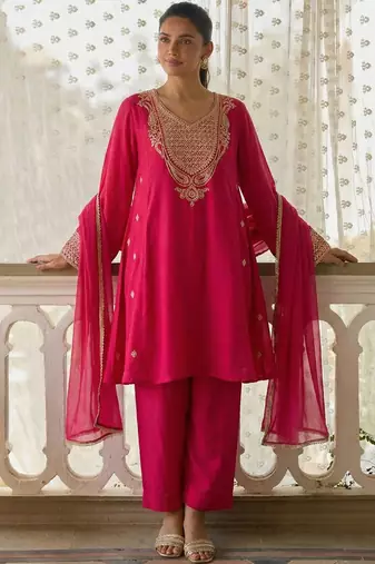 women's dark pink embroidered cotton silk salwar suit set