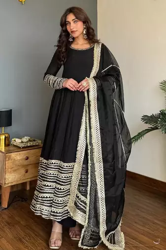 Black rayon  party wear embroidery anarkali   suit set
