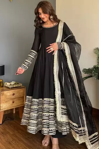 Black rayon  party wear embroidery anarkali   suit set