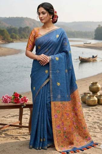 Blue color printed linen cotton saree with blouse