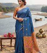 blue linen cotton printed saree with woven border