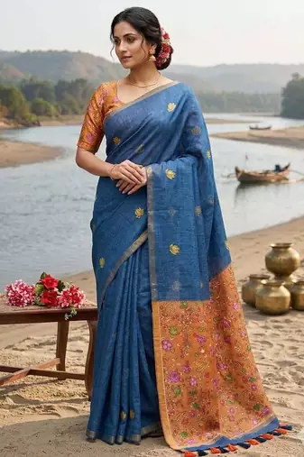 blue linen saree with floral print and zari border