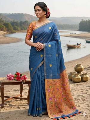 blue linen saree with floral print and zari border 1