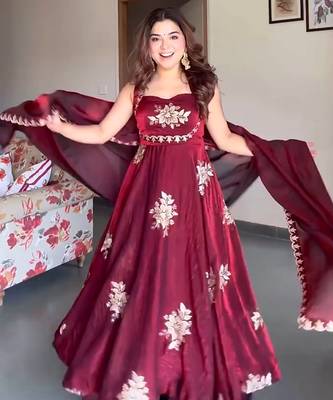 Maroon fandy silk  party wear embroidery anarkali   suit set 1
