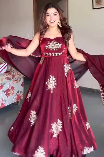Maroon fandy silk  party wear embroidery anarkali   suit set