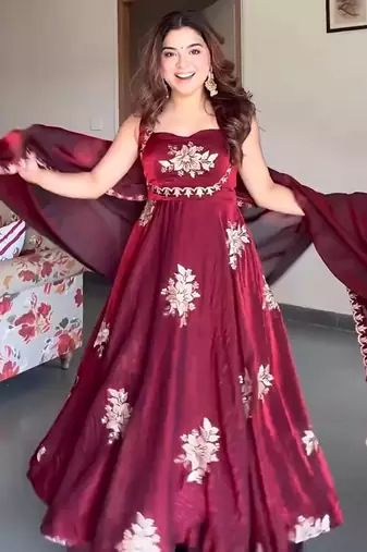 Maroon fandy silk  party wear embroidery anarkali   suit set