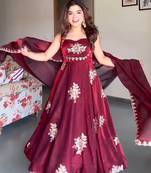 Maroon fandy silk  party wear embroidery anarkali   suit set