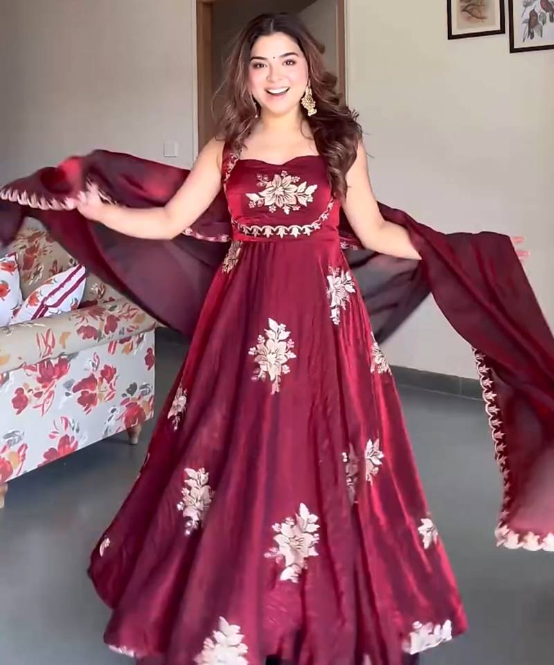 Maroon fandy silk  party wear embroidery anarkali   suit set