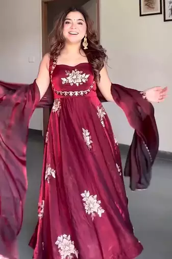 Maroon fandy silk  party wear embroidery anarkali   suit set