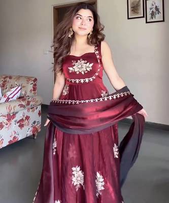 Maroon fandy silk  party wear embroidery anarkali   suit set 3