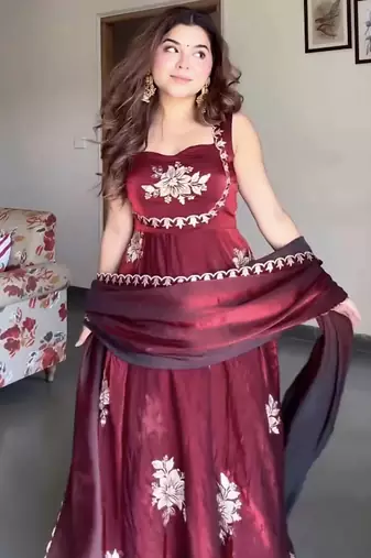Maroon fandy silk  party wear embroidery anarkali   suit set