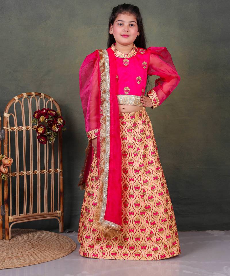 girls pink lehenga choli set with embroidery