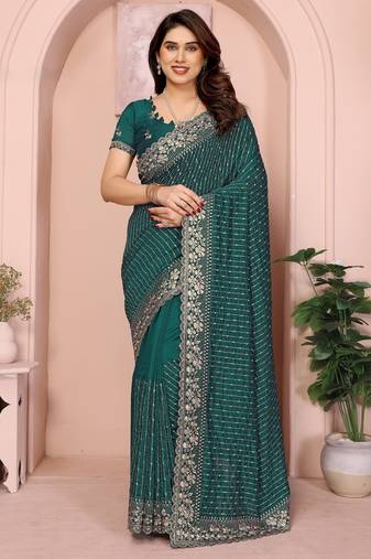 Green vichitra silk saree with sequence embroidery work and matching blouse piece