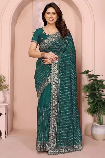 green vichitra silk saree with sequin embroidery work
