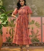 women's orange printed cotton slub midi dress
