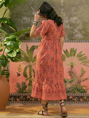 women's orange printed cotton slub midi dress 2
