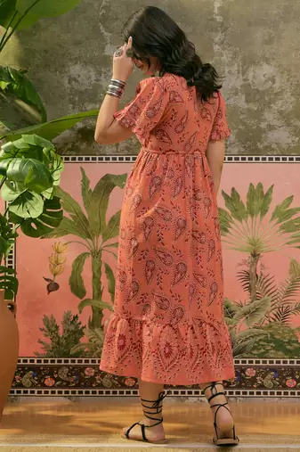 women's orange printed cotton slub midi dress