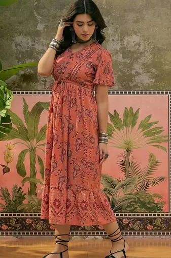 women's orange printed cotton slub midi dress