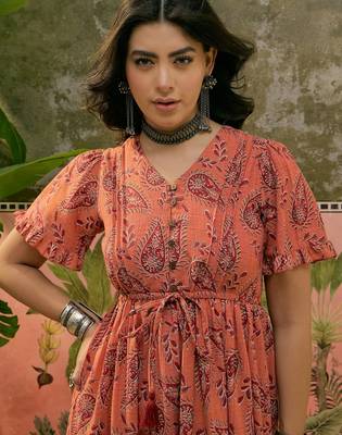 women's orange printed cotton slub midi dress 5