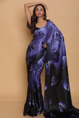 soft purple printed satin saree with floral design 1