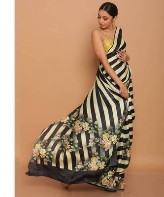 designer satin saree with black stripes and floral design 1