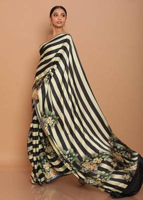 designer satin saree with black stripes and floral design 2