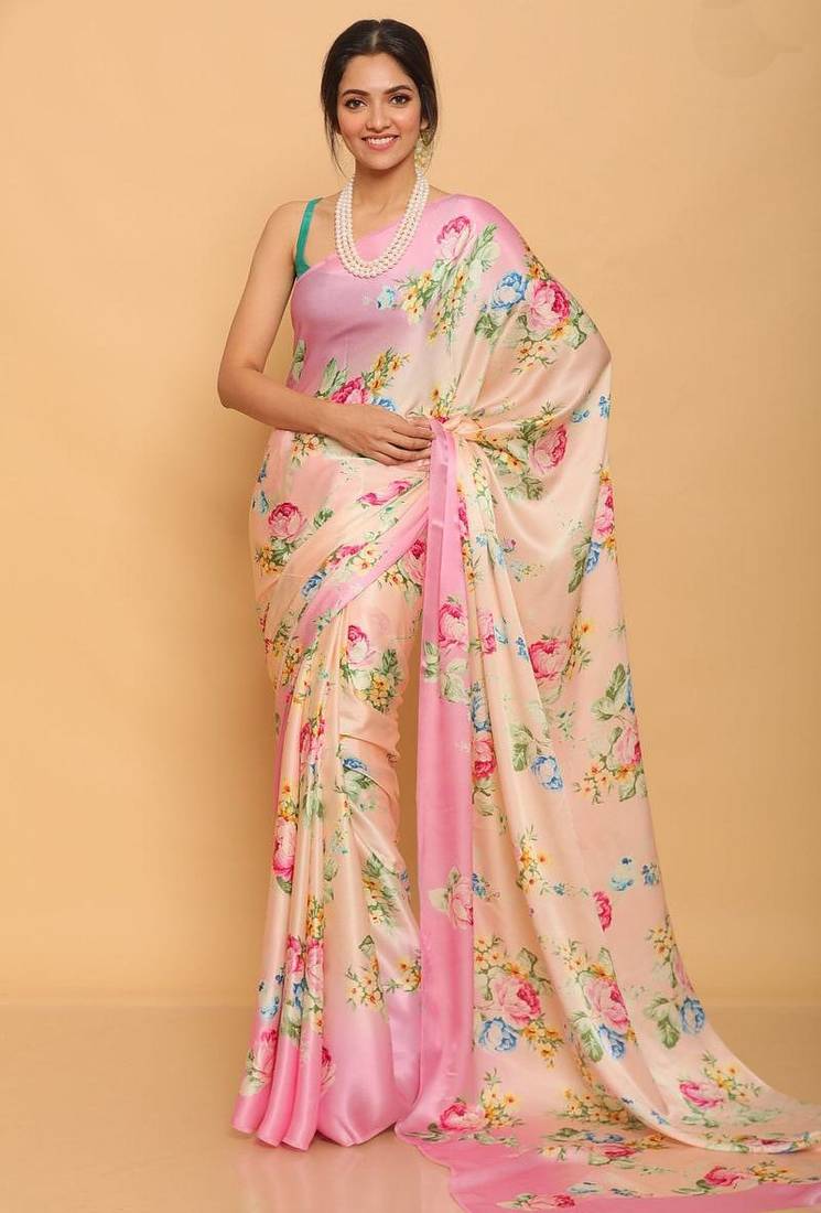 Printed Satin Saree With Blouse Piece