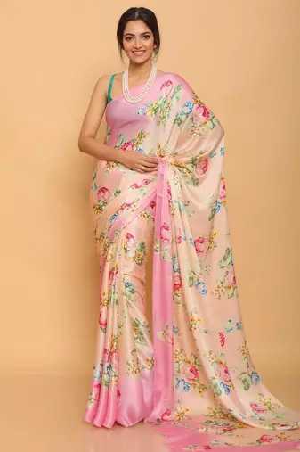 peach pink printed satin saree with green blouse piece