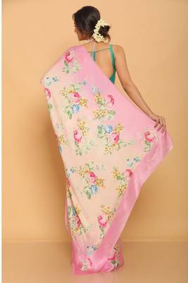 peach pink printed satin saree with green blouse piece 3