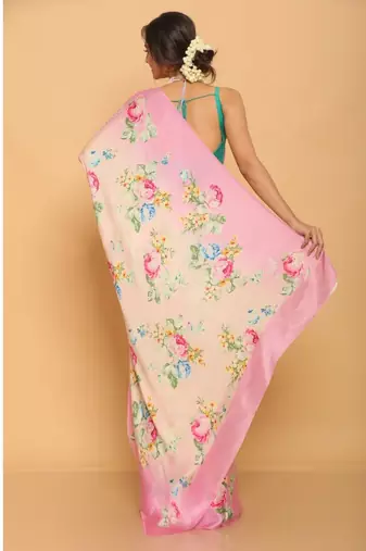 peach pink printed satin saree with green blouse piece