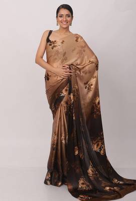 brown designer printed satin saree with floral pattern 1