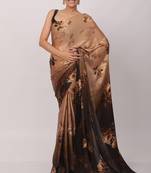 brown designer printed satin saree with floral pattern