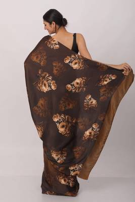 brown designer printed satin saree with floral pattern 2