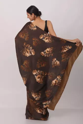 brown designer printed satin saree with floral pattern