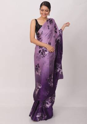 soft purple satin saree with floral print and blouse piece 1