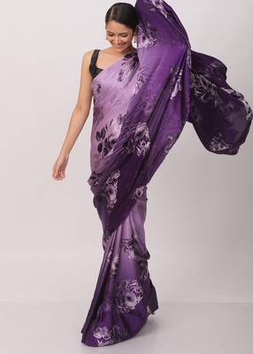 soft purple satin saree with floral print and blouse piece 2