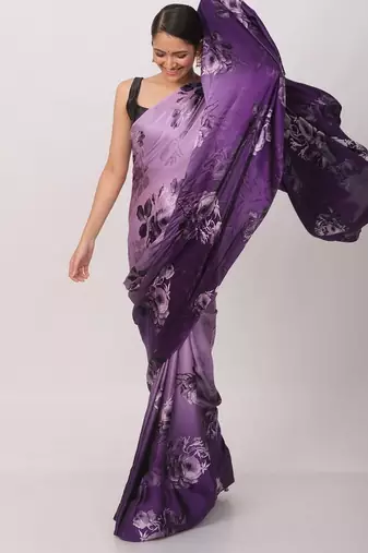 soft purple satin saree with floral print and blouse piece